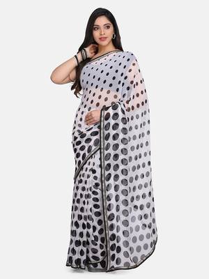 White Printed Chiffon Saree With Blouse 1