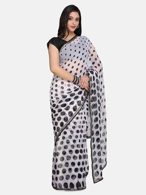 White Printed Chiffon Saree With Blouse 3