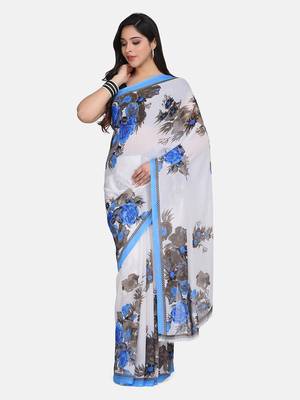 White Printed Georgette Saree With Blouse 1