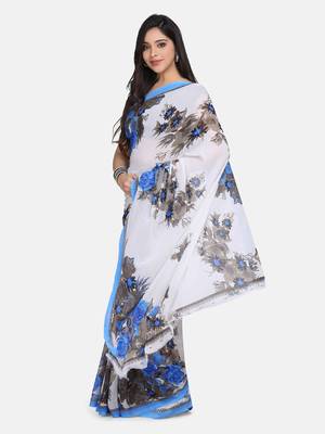 White Printed Georgette Saree With Blouse 3