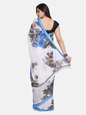 White Printed Georgette Saree With Blouse 4