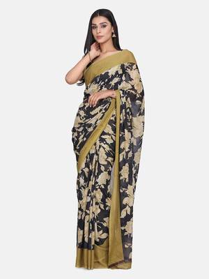 Black printed georgette saree with blouse 1