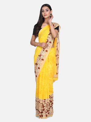 Yellow printed georgette saree with blouse 1