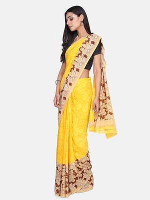 Yellow printed georgette saree with blouse 3