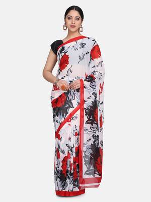Off White Floral Printed Georgette Sarees With Blouse 1