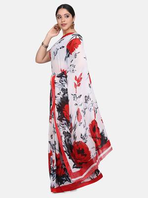 Off White Floral Printed Georgette Sarees With Blouse 3