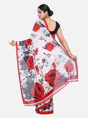Off White Floral Printed Georgette Sarees With Blouse 4
