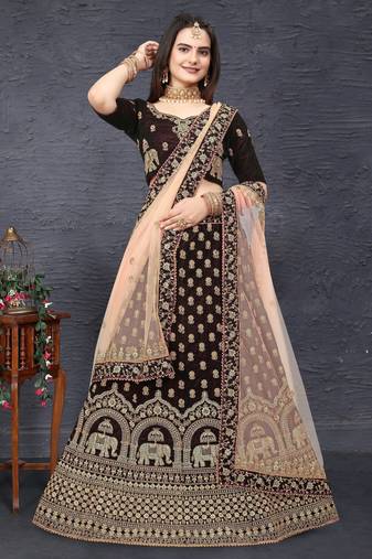 Maroon Zari Sequins And Thread Embroidered Velvet Semi Stitched Bridal Lehenga