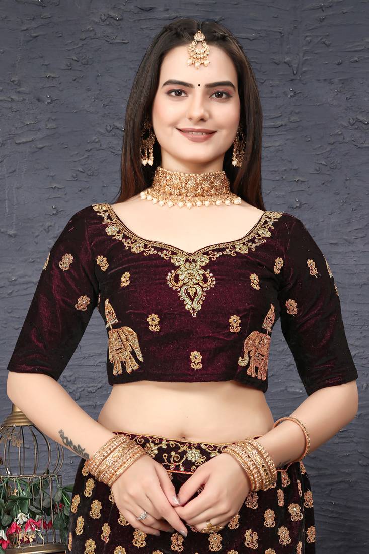 Maroon Zari Sequins And Thread Embroidered Velvet Semi Stitched Bridal Lehenga