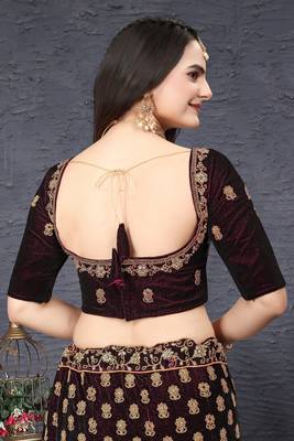 Maroon Zari Sequins And Thread Embroidered Velvet Semi Stitched Bridal Lehenga 3