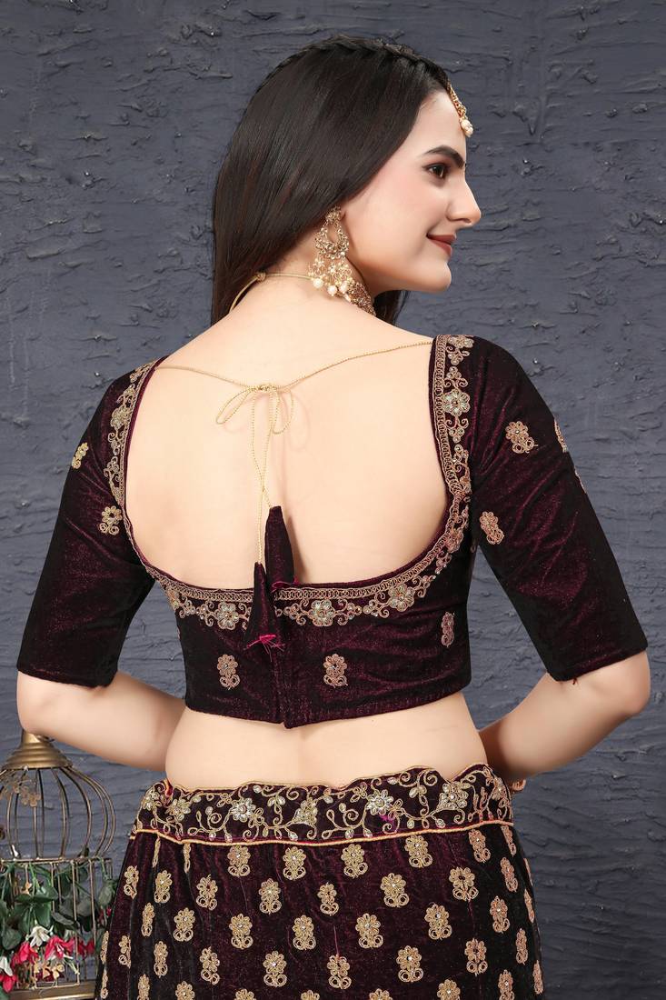 Maroon Zari Sequins And Thread Embroidered Velvet Semi Stitched Bridal Lehenga