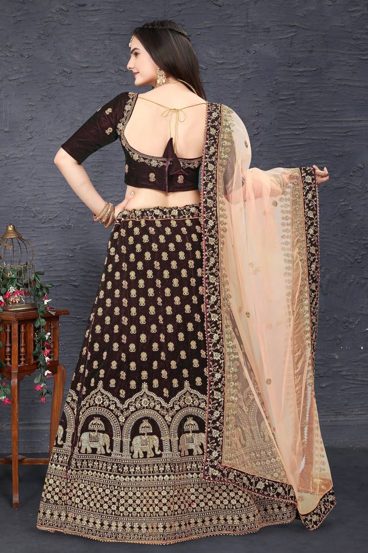 Maroon Zari Sequins And Thread Embroidered Velvet Semi Stitched Bridal Lehenga