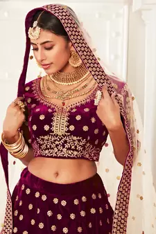Purple Zari Sequins And Thread Embroidered Velvet Lehenga Choli For Dulhan