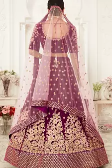 Purple Zari Sequins And Thread Embroidered Velvet Lehenga Choli For Dulhan