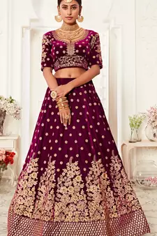 Purple Zari Sequins And Thread Embroidered Velvet Lehenga Choli For Dulhan