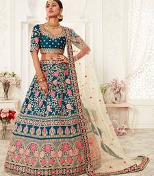 Rama Blue Zari Sequins And Thread Embroidered Slub Silk Lehenga Choli For Bride