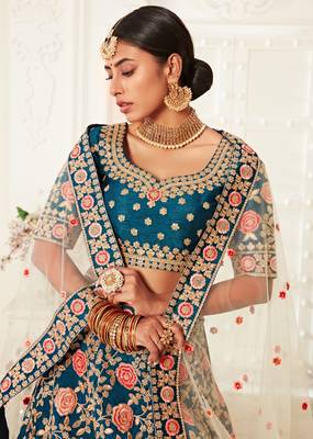 Rama Blue Zari Sequins And Thread Embroidered Slub Silk Lehenga Choli For Bride 2