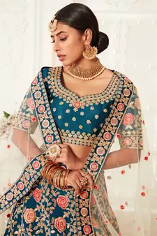 Rama Blue Zari Sequins And Thread Embroidered Slub Silk Lehenga Choli For Bride