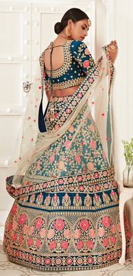 Rama Blue Zari Sequins And Thread Embroidered Slub Silk Lehenga Choli For Bride 3