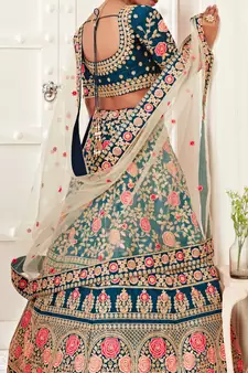 Rama Blue Zari Sequins And Thread Embroidered Slub Silk Lehenga Choli For Bride