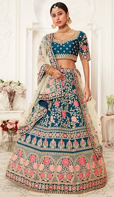 Rama Blue Zari Sequins And Thread Embroidered Slub Silk Lehenga Choli For Bride 4
