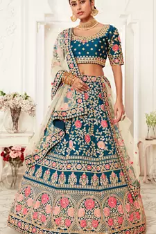 Rama Blue Zari Sequins And Thread Embroidered Slub Silk Lehenga Choli For Bride
