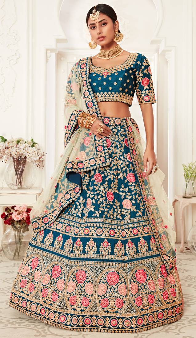 Rama Blue Zari Sequins And Thread Embroidered Slub Silk Lehenga Choli For Bride