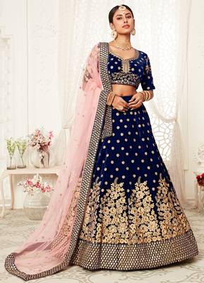 Alluring Navy-Blue Zari Sequins And Thread Embroidered Velvet Lehenga Choli For Bridal 1