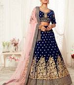 Alluring Navy-Blue Zari Sequins And Thread Embroidered Velvet Lehenga Choli For Bridal