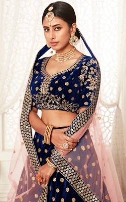 Alluring Navy-Blue Zari Sequins And Thread Embroidered Velvet Lehenga Choli For Bridal 2