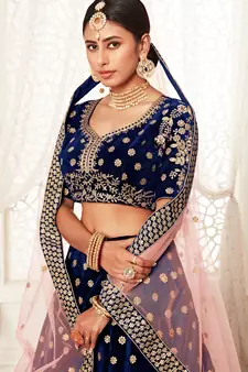 Alluring Navy-Blue Zari Sequins And Thread Embroidered Velvet Lehenga Choli For Bridal