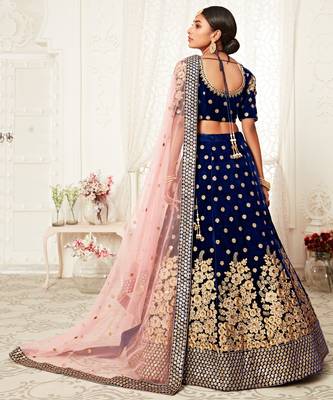 Alluring Navy-Blue Zari Sequins And Thread Embroidered Velvet Lehenga Choli For Bridal 3