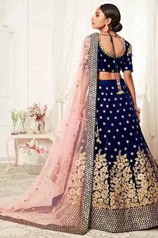 Alluring Navy-Blue Zari Sequins And Thread Embroidered Velvet Lehenga Choli For Bridal