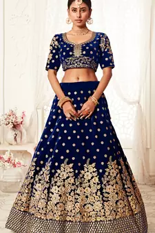 Alluring Navy-Blue Zari Sequins And Thread Embroidered Velvet Lehenga Choli For Bridal