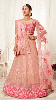 Hypnotizing Pink Zari Sequins And Thread Embroidered Designer Net Lehenga Choli 1