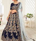 Navy-Blue Zari Sequins And Thread Embroidered Velvet Lehenga Choli For Bride