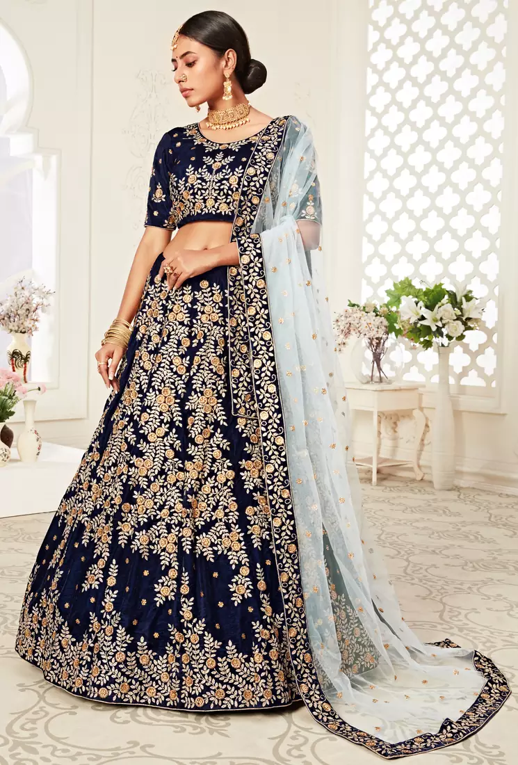 Delightful Navy-blue Zari, Sequins and Thread Embroidered velvet fabric lehenga choli for bride