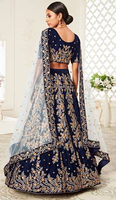  Navy-Blue Zari Sequins And Thread Embroidered Velvet Lehenga Choli For Bride 3