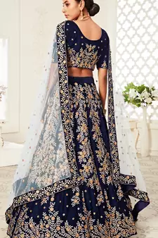  Navy-Blue Zari Sequins And Thread Embroidered Velvet Lehenga Choli For Bride