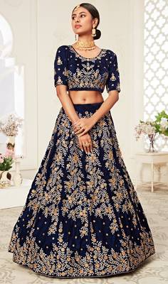 Navy-Blue Zari Sequins And Thread Embroidered Velvet Lehenga Choli For Bride 4