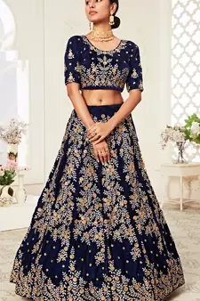  Navy-Blue Zari Sequins And Thread Embroidered Velvet Lehenga Choli For Bride