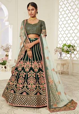 Green Velvet Embroidered Lehenga with Thread Embroidered Blouse & Light Green Net Dupatta 1