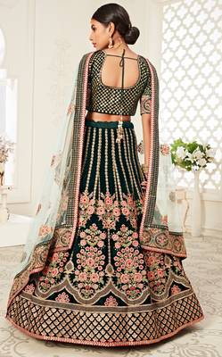 Green Velvet Embroidered Lehenga with Thread Embroidered Blouse & Light Green Net Dupatta 3