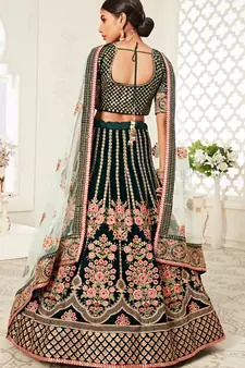 Green Velvet Embroidered Lehenga with Thread Embroidered Blouse & Light Green Net Dupatta