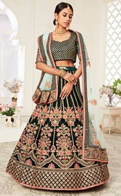 Green Velvet Embroidered Lehenga with Thread Embroidered Blouse & Light Green Net Dupatta 4