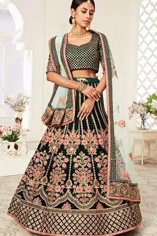 Green Velvet Embroidered Lehenga with Thread Embroidered Blouse & Light Green Net Dupatta
