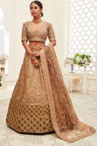 Brown Golden Sequins Embroidered Silk Lehenga Choli For Wedding