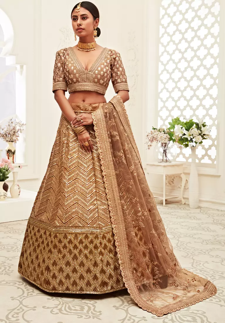 Brown Golden Sequins Embroidered Silk Fabric Lehenga choli for wedding