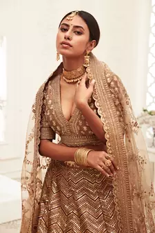 Brown Golden Sequins Embroidered Silk Lehenga Choli For Wedding