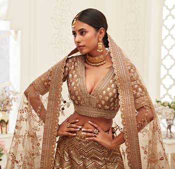 Brown Golden Sequins Embroidered Silk Lehenga Choli For Wedding 4
